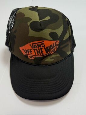 Vans “Off the Wall” Camo Trucker Hat with Orange Logo